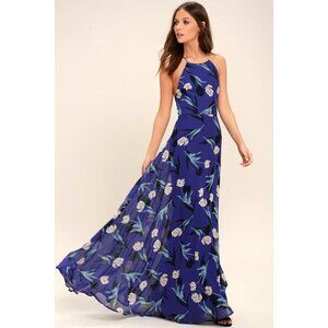 Lulus Blue Floral Print Lace-up Maxi Dress - Size L